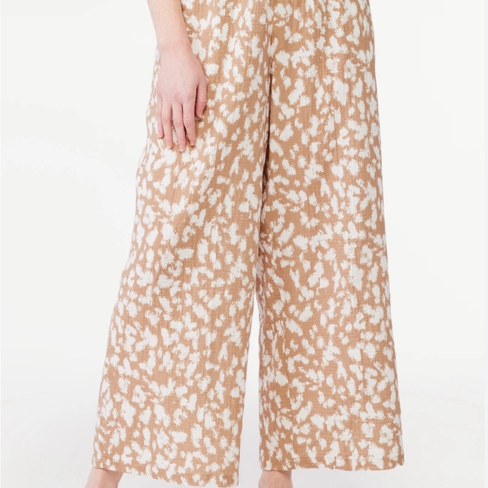 Women's Tan Patterned Wide-Leg Pants